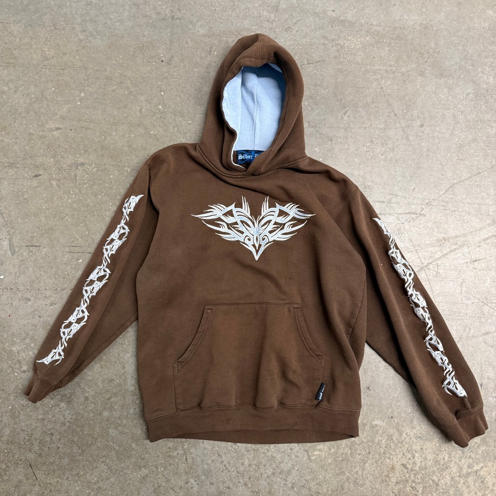 Silver Point Brown Tribal Graphic Hoodie Mens Fits lik a Small Y2K Embroidered
